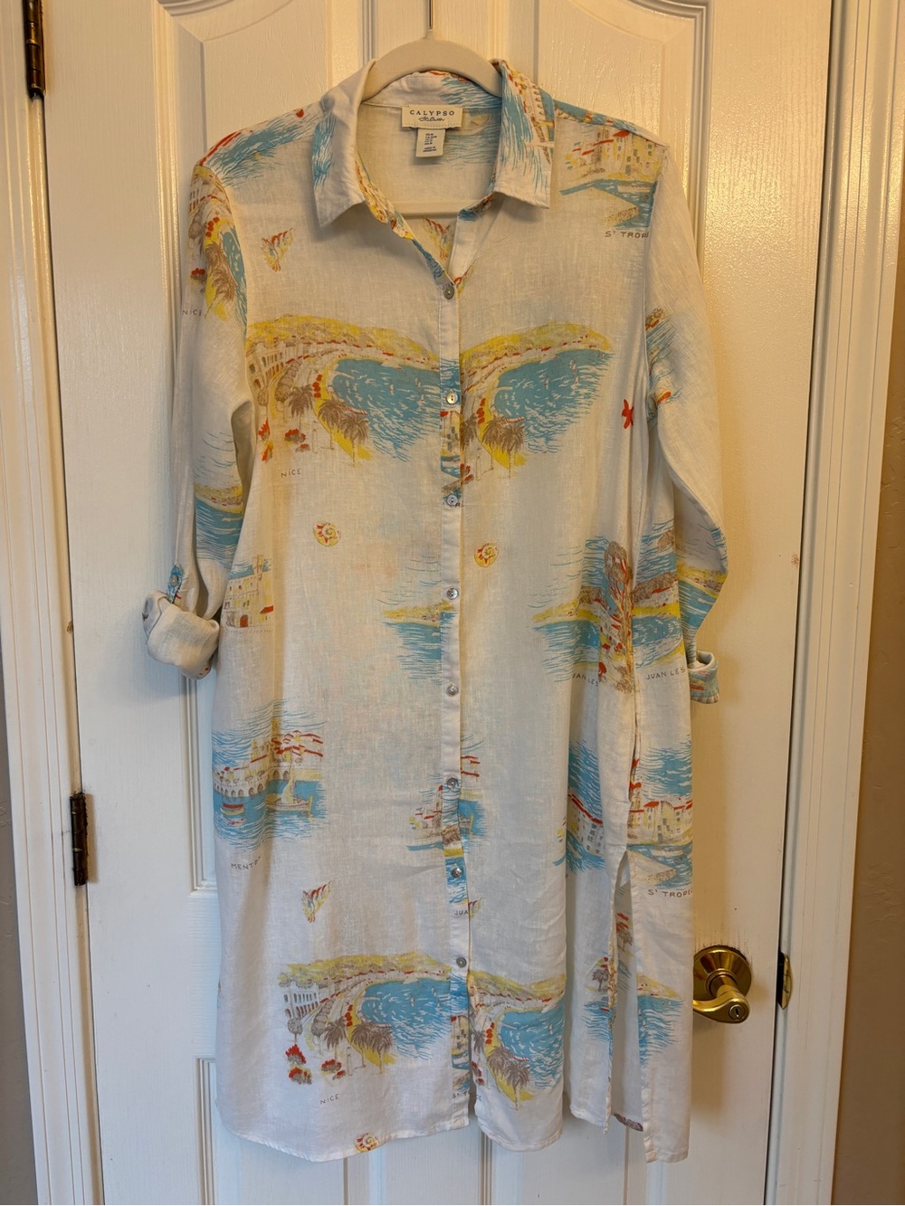 Calypso St. Barth White Shirt Dress with Blue & Yellow Coastal Print ~ Women’s M